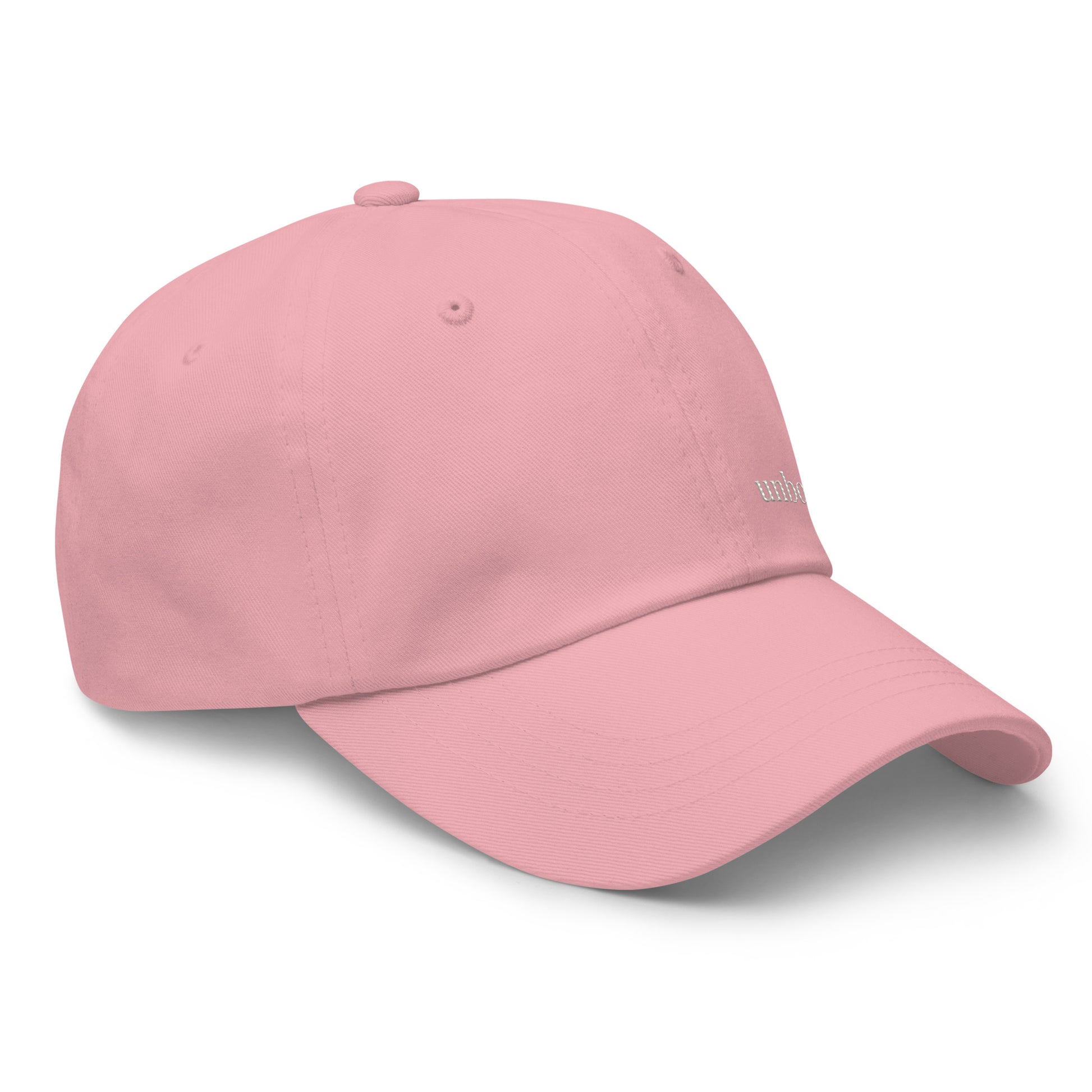 Unbothered embroidered dad hat pink minimalist baseball cap front right view 