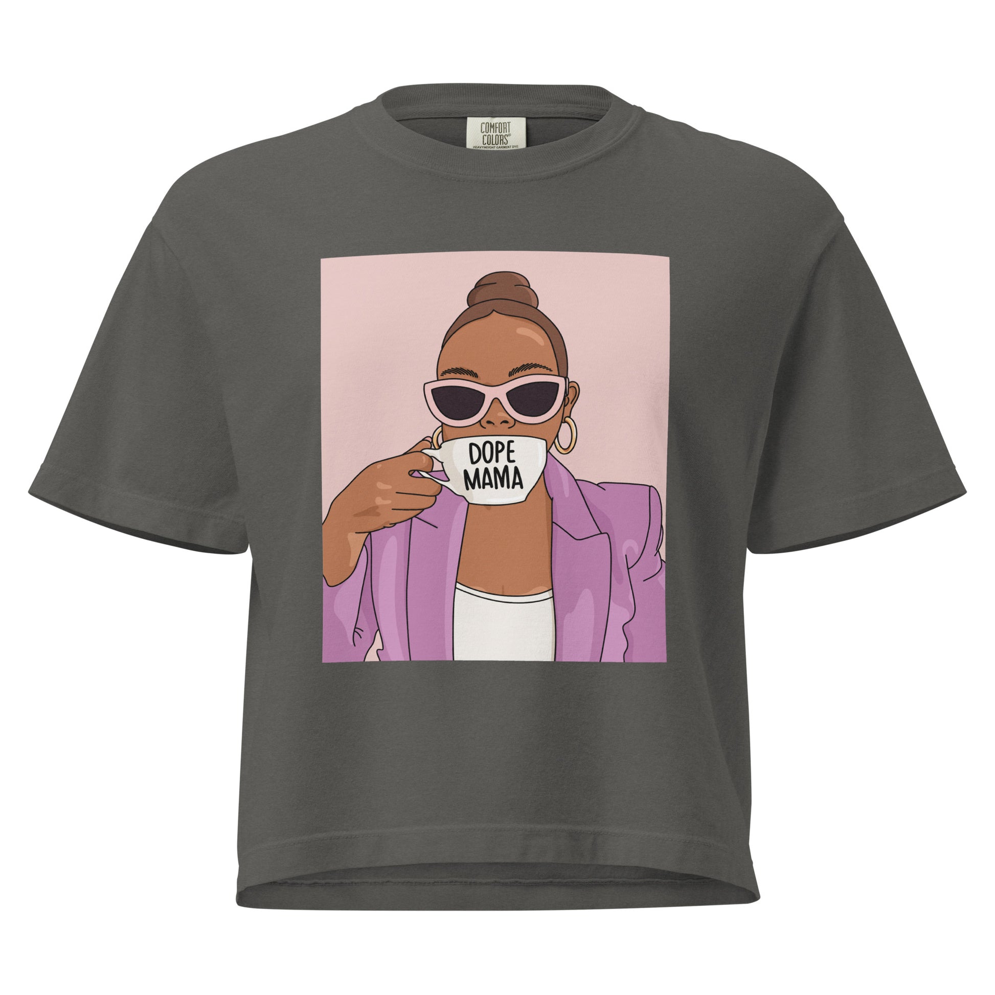 Gray t-shirt with a graphic of a woman of color holding a coffee cup labeled 'Dope Mama' on a white background