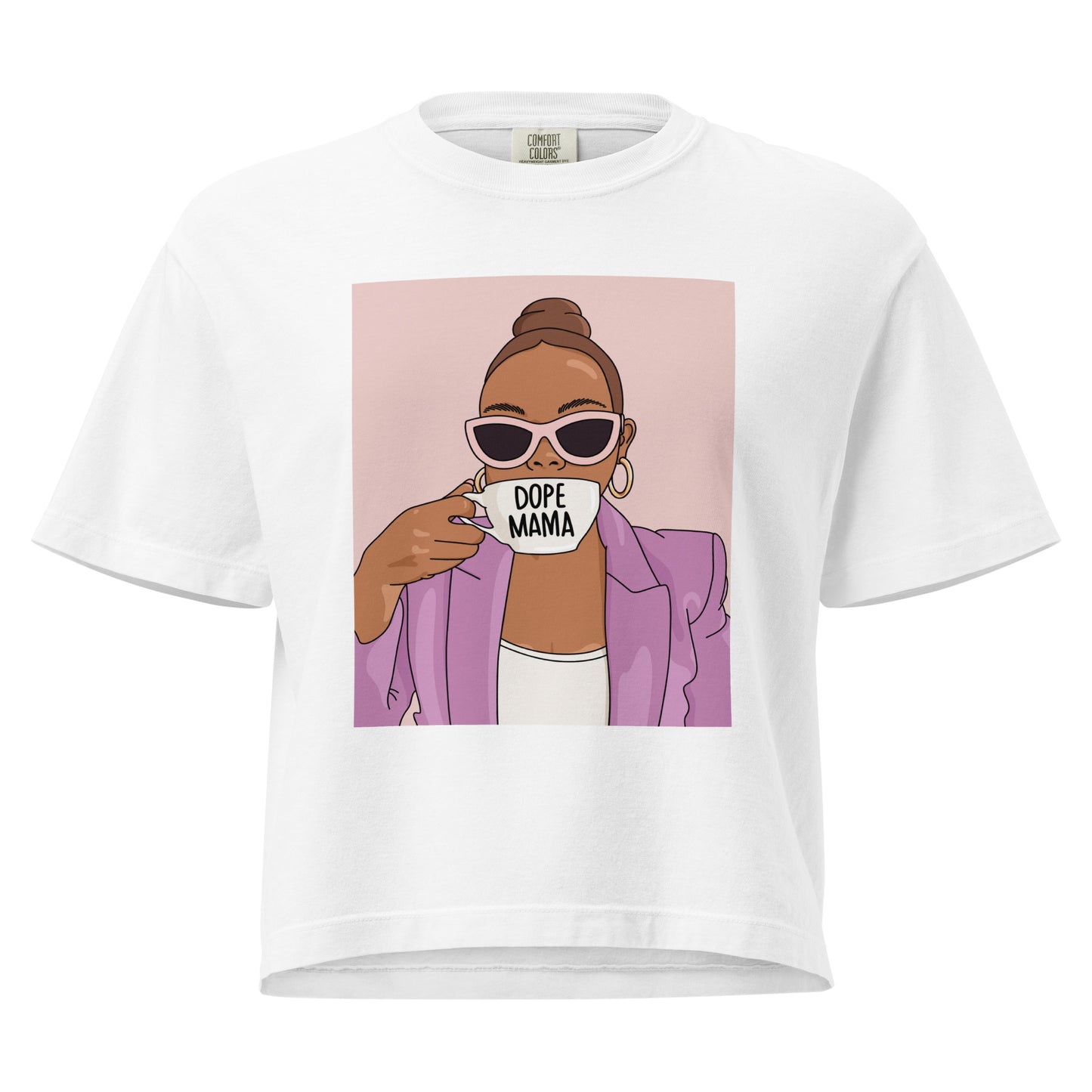 White t-shirt with a graphic of a woman wearing sunglasses and a 'Dope Mama' mask on a white background