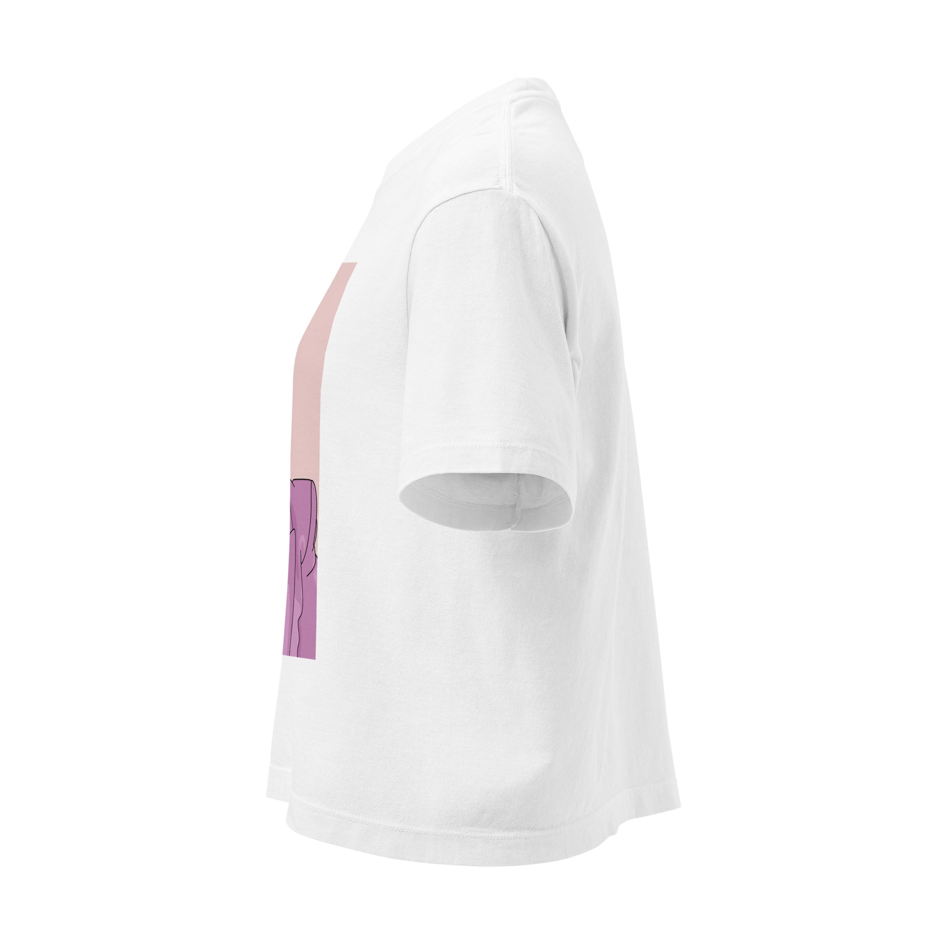 White t-shirt with pink and purple accents on a white background