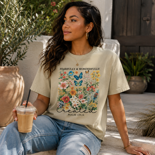 Woman wearing Fearfully & Wonderfully Created Psalm 139:14 floral T-shirt outdoors