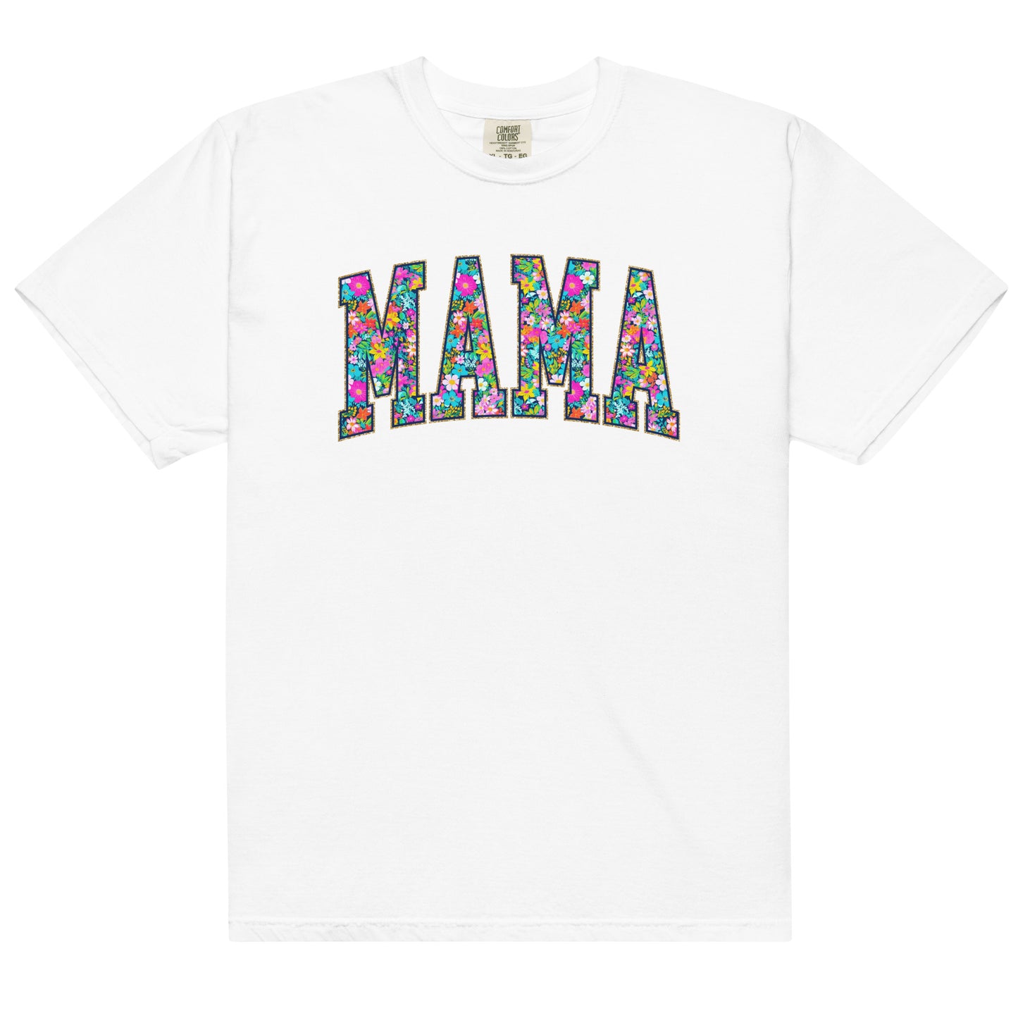 Teal t-shirt with bold floral MAMA lettering across the front, part of the matching Mommy and Me collection.