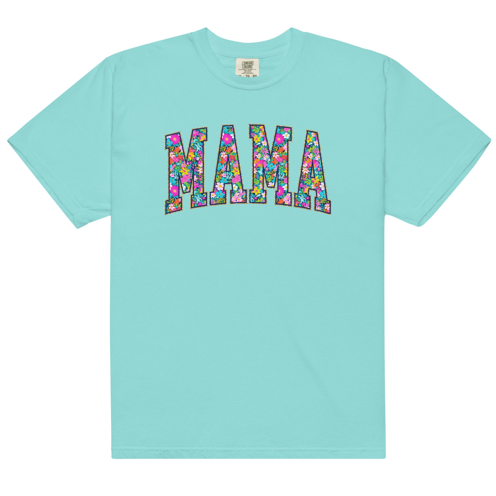 Teal t-shirt with bold floral MAMA lettering across the front, part of the matching Mommy and Me collection.