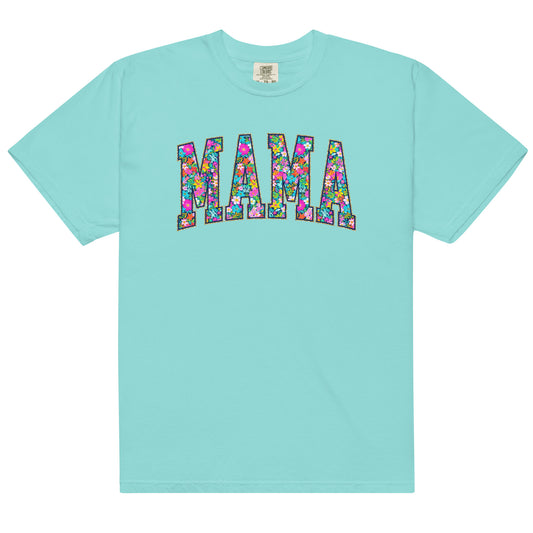 Teal t-shirt with bold floral MAMA lettering across the front, part of the matching Mommy and Me collection.
