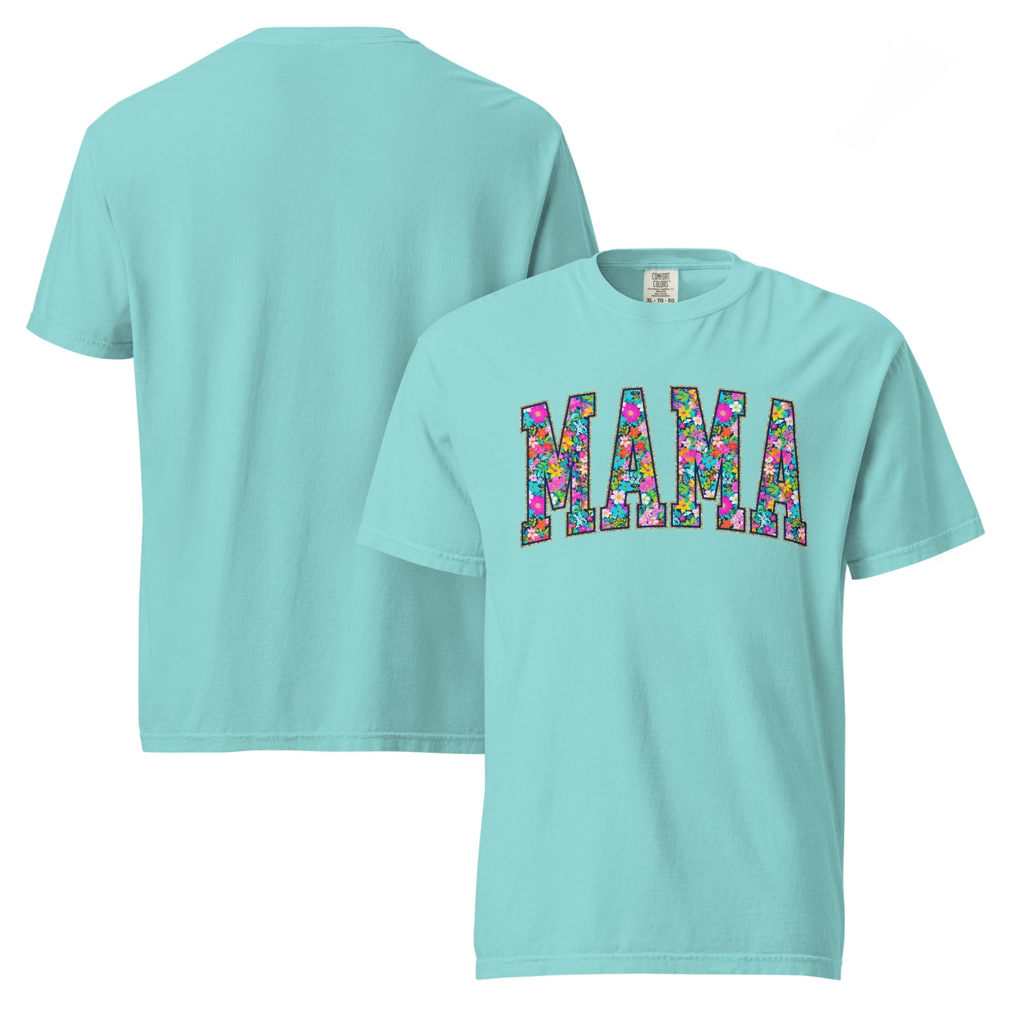 Teal t-shirt with bold floral MAMA lettering across the front, part of the matching Mommy and Me collection.