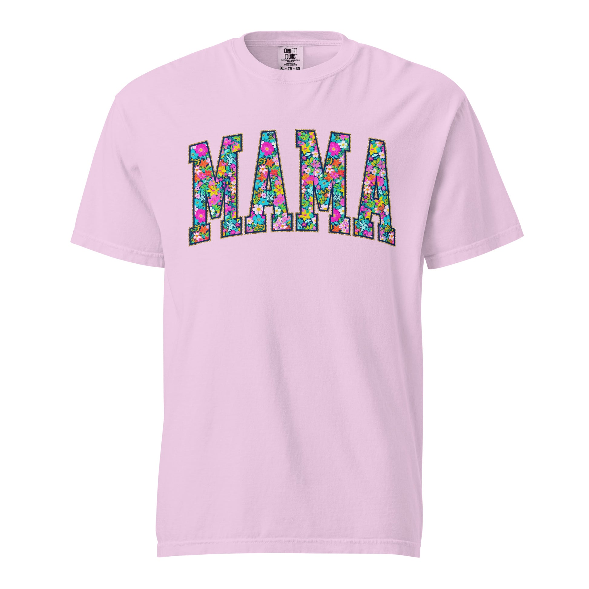 Teal t-shirt with bold floral MAMA lettering across the front, part of the matching Mommy and Me collection.