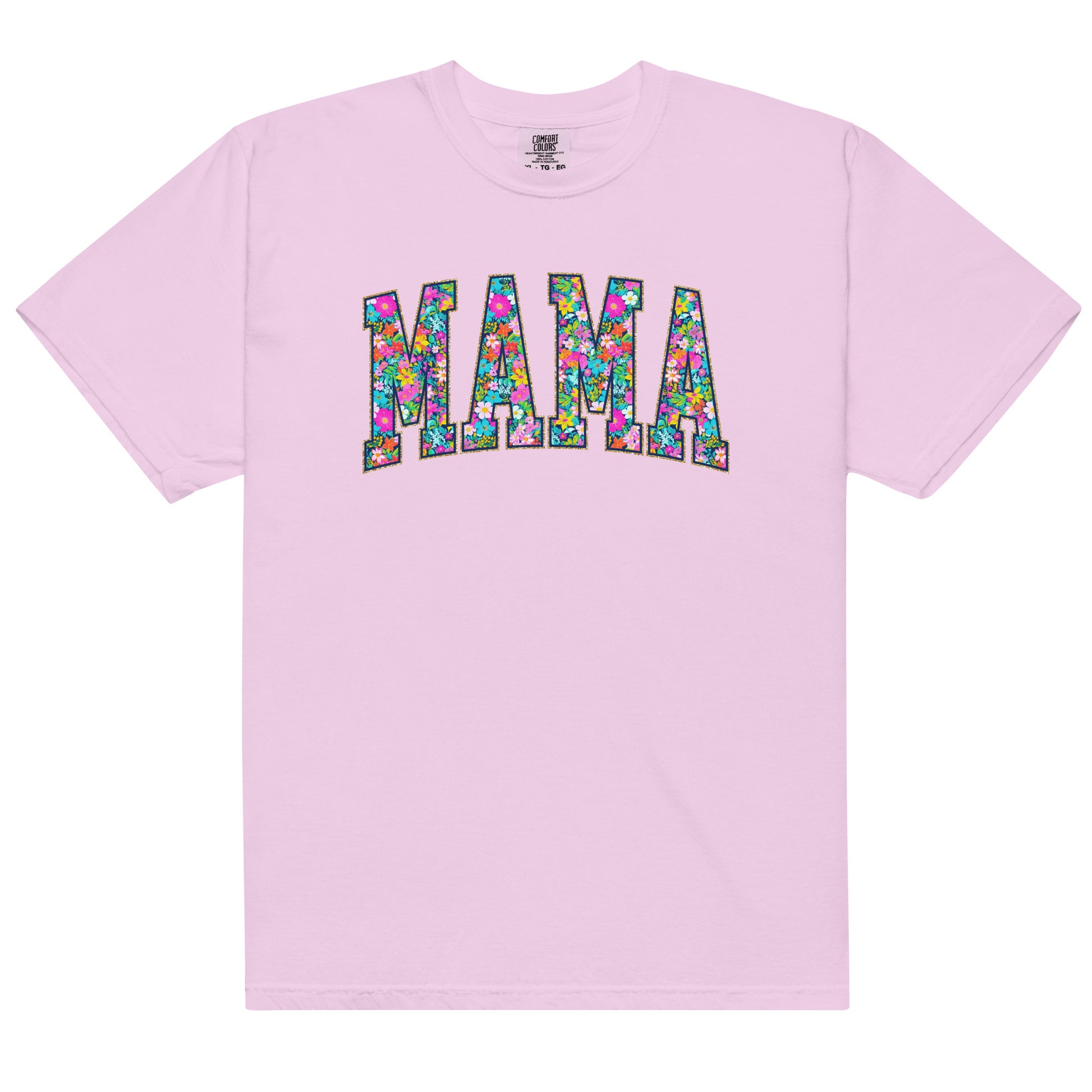 Teal t-shirt with bold floral MAMA lettering across the front, part of the matching Mommy and Me collection.