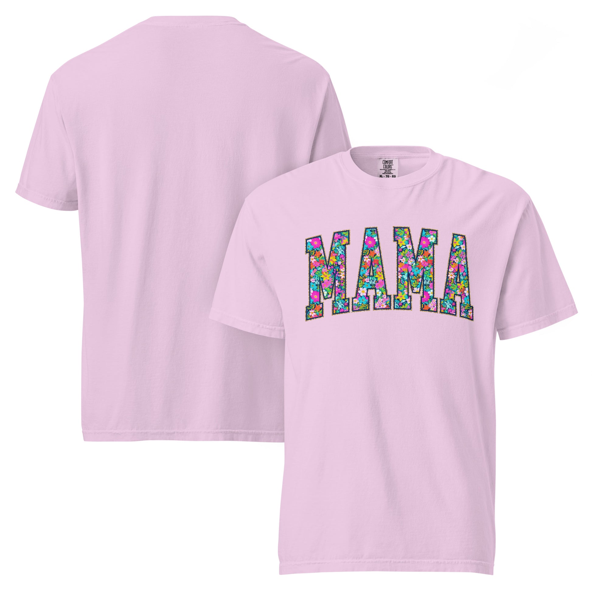 Teal t-shirt with bold floral MAMA lettering across the front, part of the matching Mommy and Me collection.