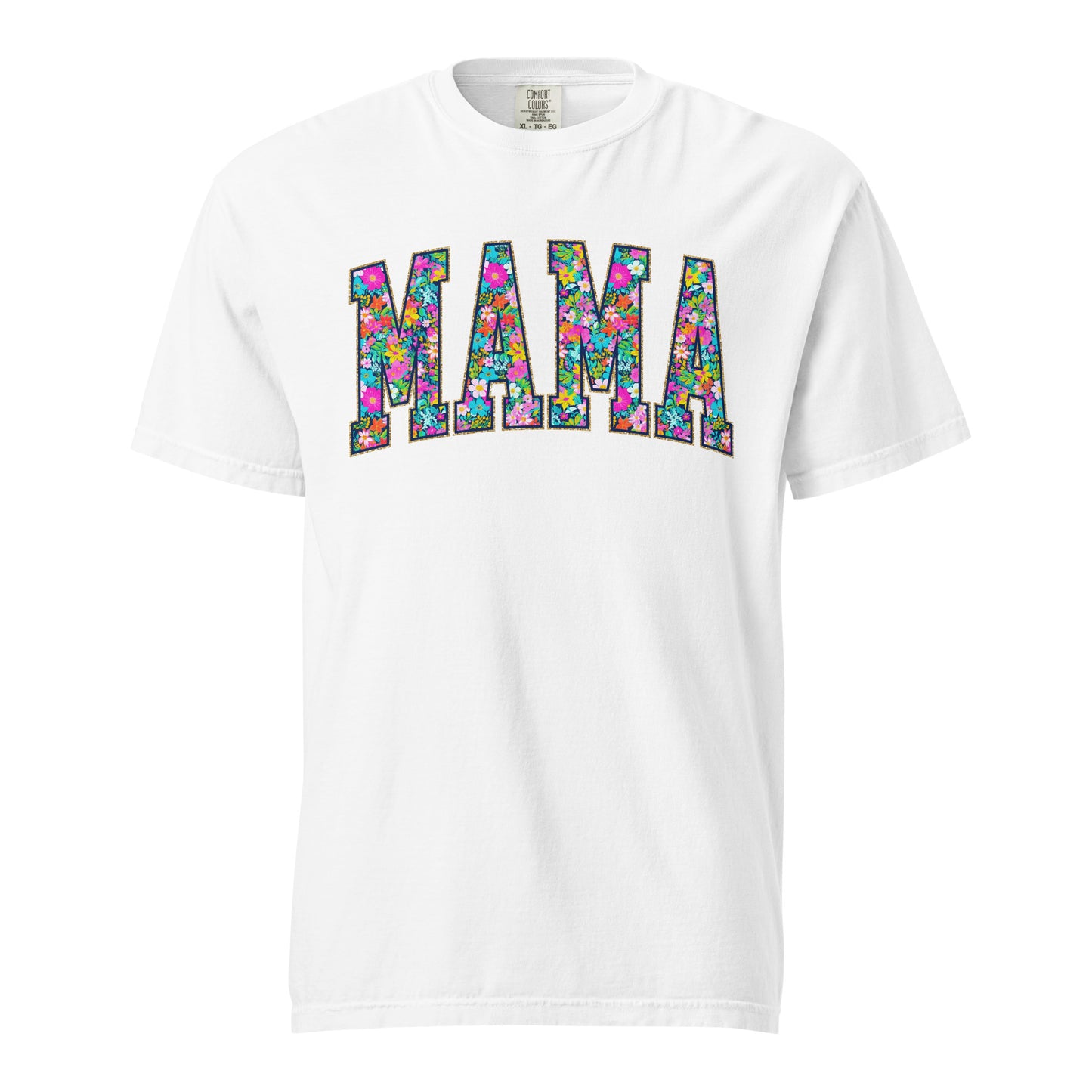 Teal t-shirt with bold floral MAMA lettering across the front, part of the matching Mommy and Me collection.