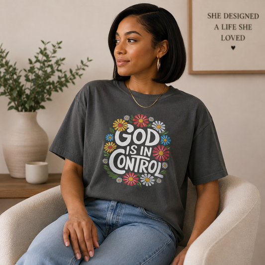 Woman wearing God Is in Control Women’s Boxy Tee in pepper with floral graphic