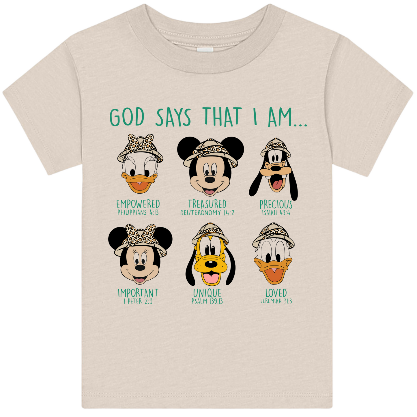 God Says I Am toddler T-shirt in Heather Dust with green lettering, Christian affirmation shirt for kids