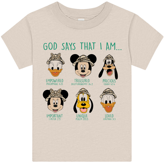 God Says I Am toddler T-shirt in Heather Dust with green lettering, Christian affirmation shirt for kids