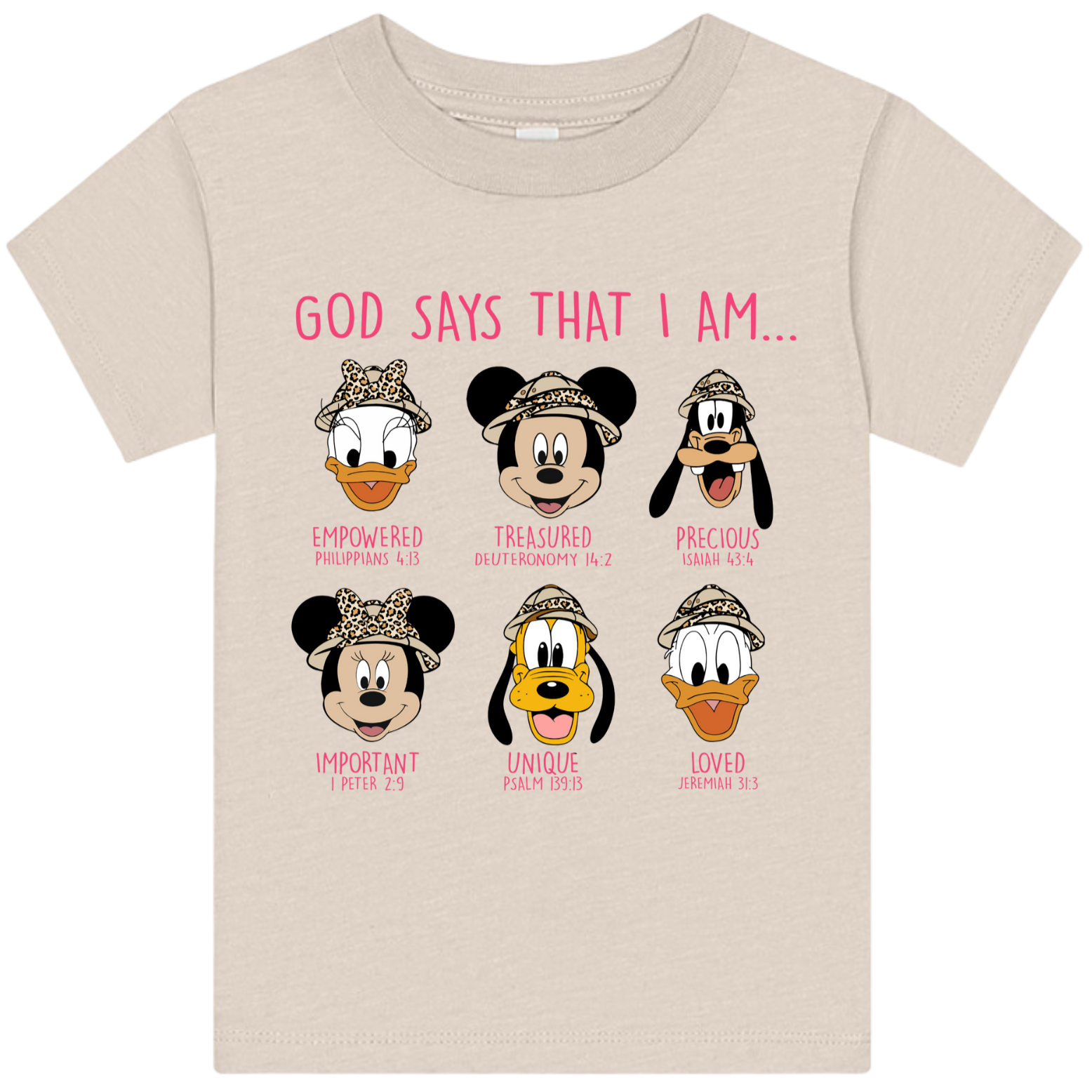 God Says I Am toddler T-shirt in Heather Dust with pink lettering, Christian affirmation shirt for kids