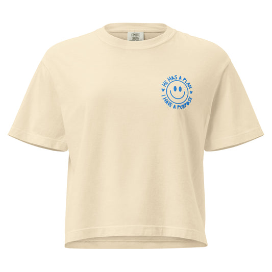 Ivory Women's boxy tee with embroidered graphic with a happy face and writing that says, he has a plan I have a purpose.