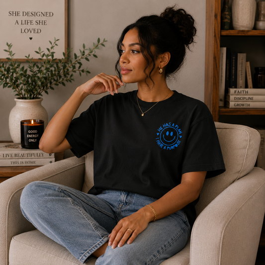 Woman wearing His Plan. My Purpose Embroidered Women’s Boxy Tee in black