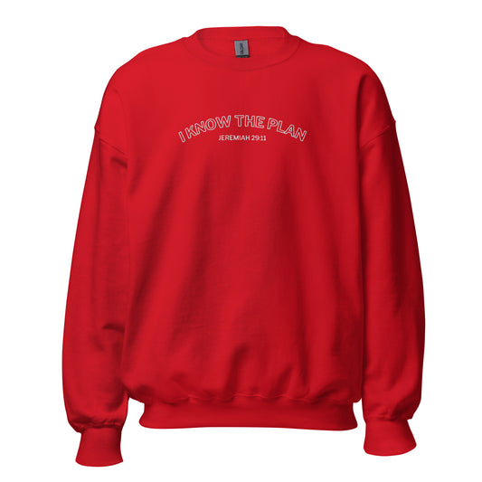 I Know the Plan embroidered sweatshirt Jeremiah 29:11 in red