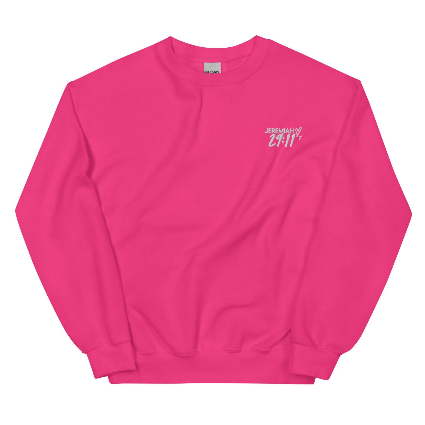 pink sweater on white background with embroidered left corner text that reads Jeremiah 29:11