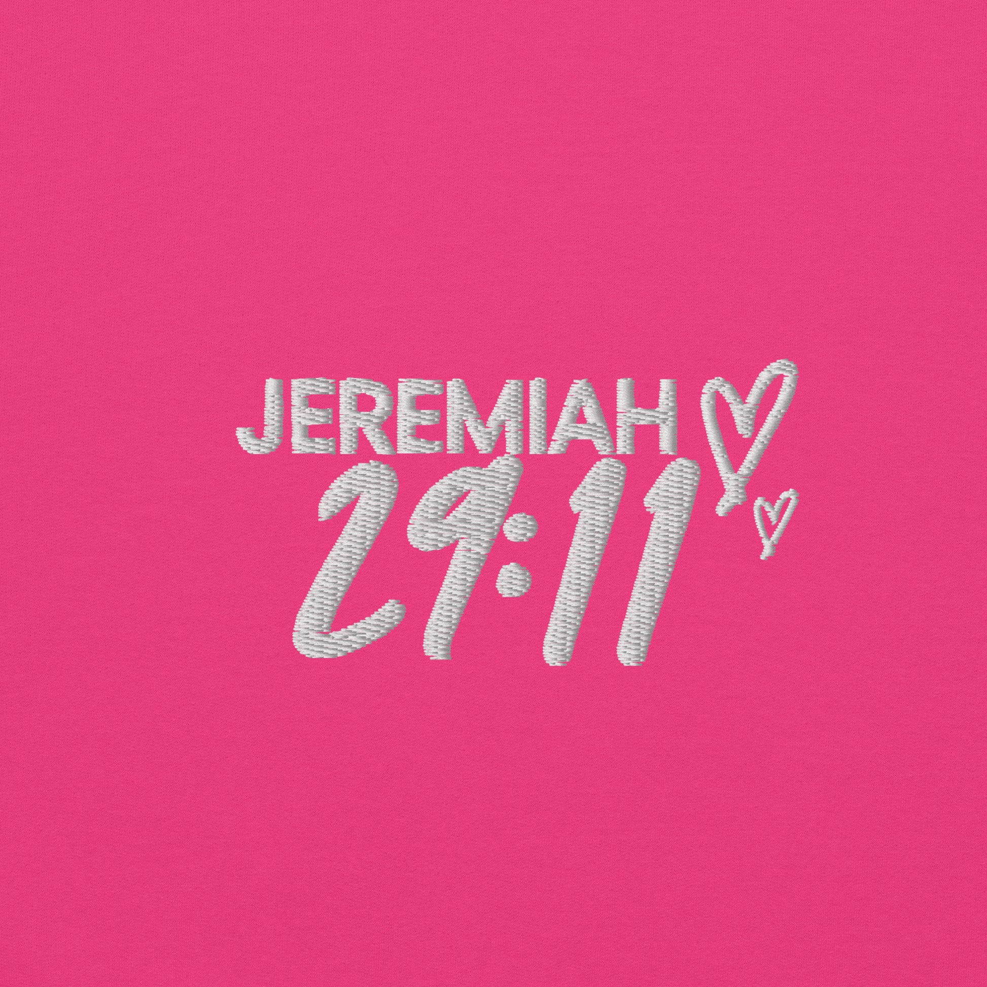 zoomed in embroidered Jeremiah 29:11 text in white 