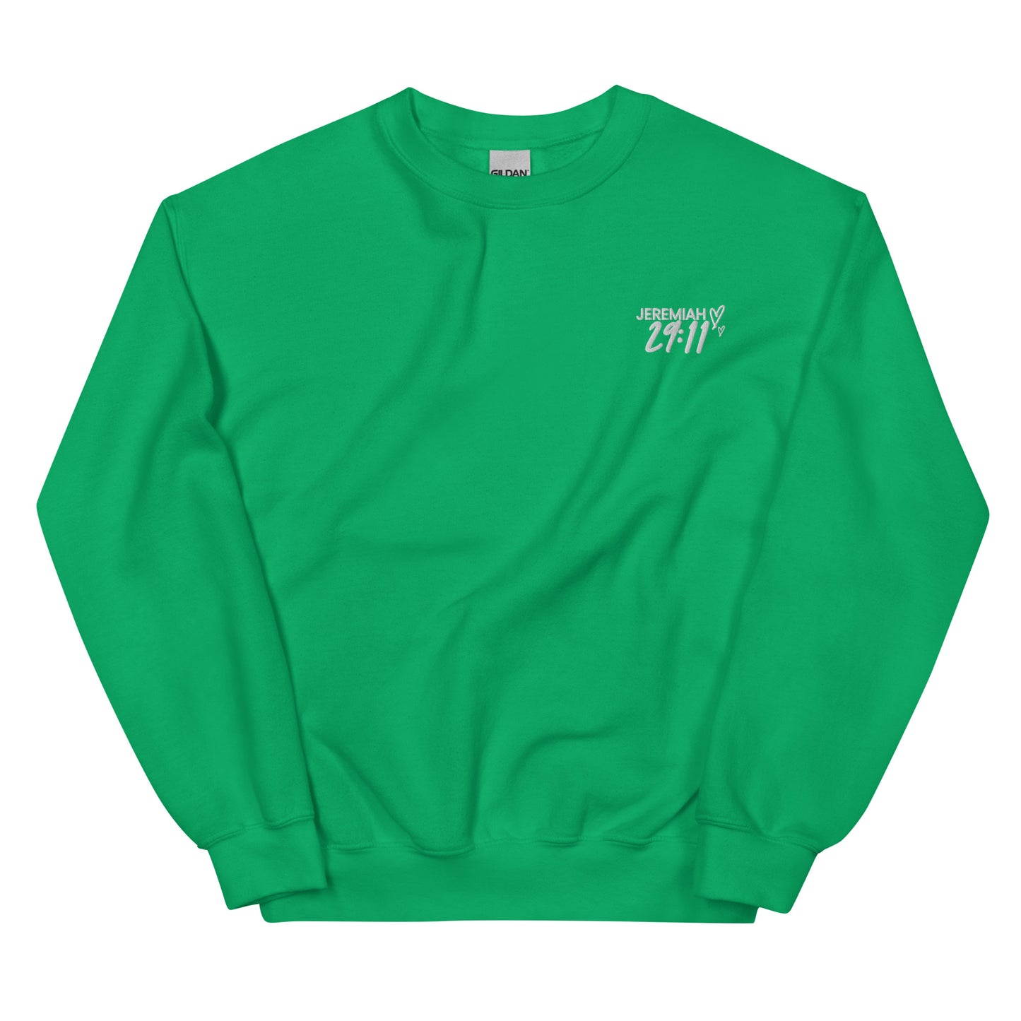 A green unisex adult sweatshirt with 'embroidered Jeremiah 29:11' text on the front.