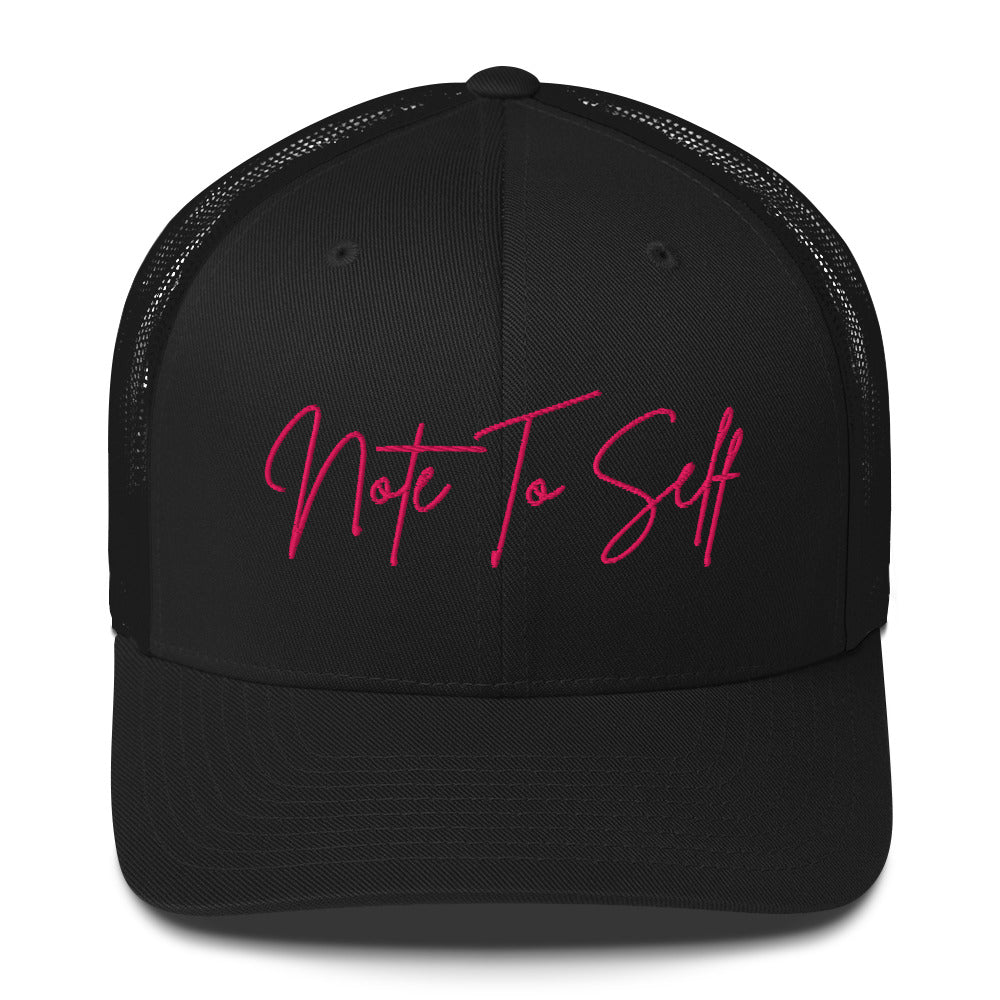 black note to self embroidered trucker hat with pink stitching minimal aesthetic everyday hat women
