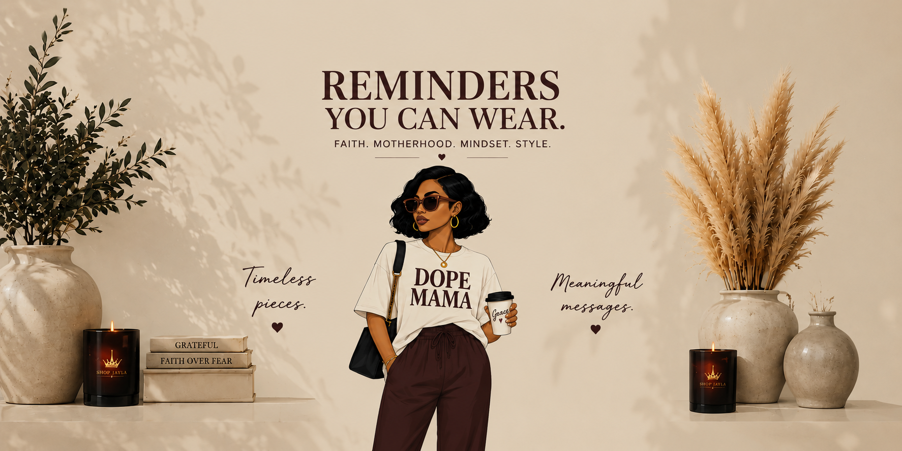 A stylized illustrated woman stands in a warm beige room with decorative plants, vases, candles, and text reading 'REMINDERS YOU CAN WEAR' and 'DOPE MAMA.' The image appears to be a promotional graphic rather than a straightforward product photo, so subject_type is best classified as Other.