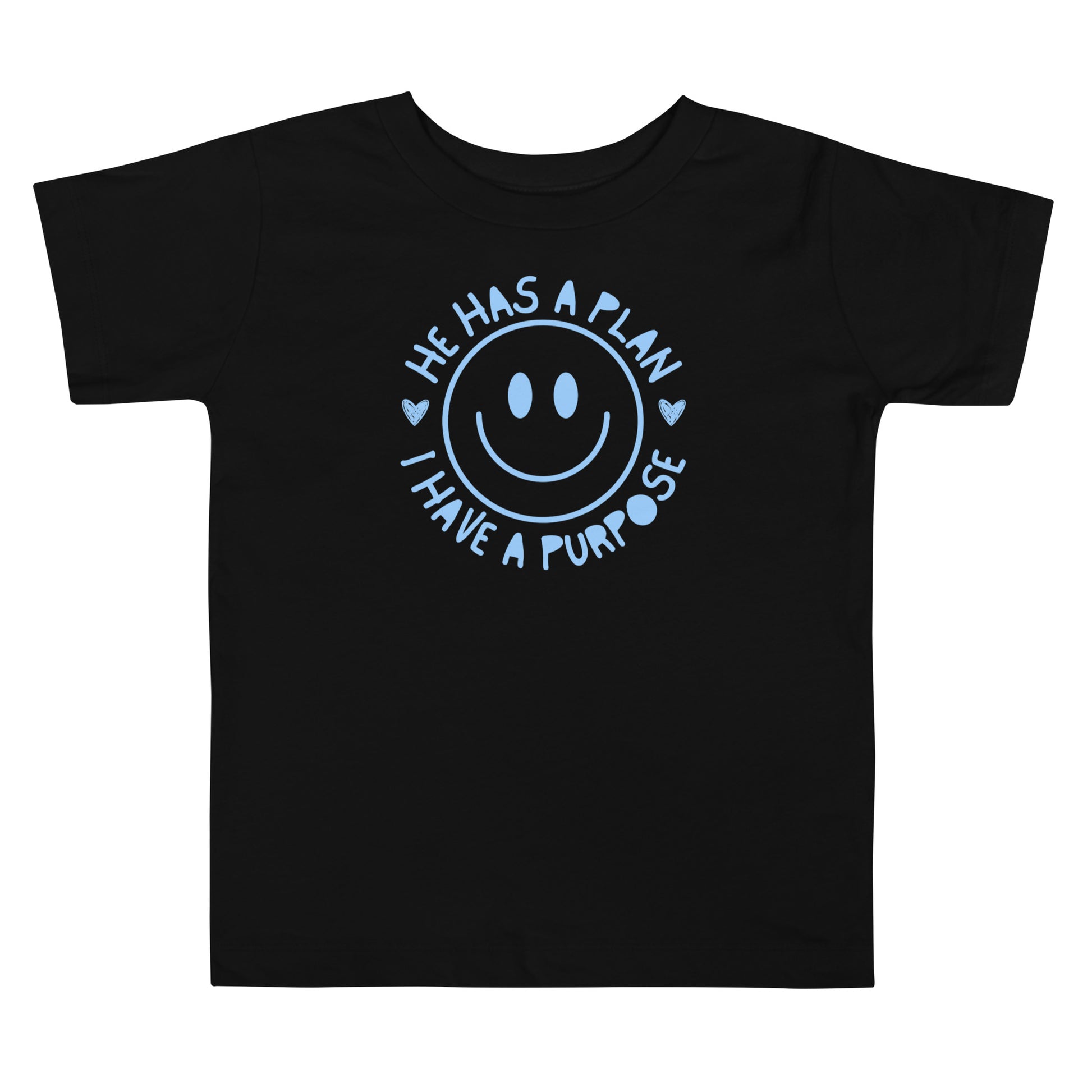 black toddler t-shirt with "He has a plan i Have A purpose" smiley face graphic in blue