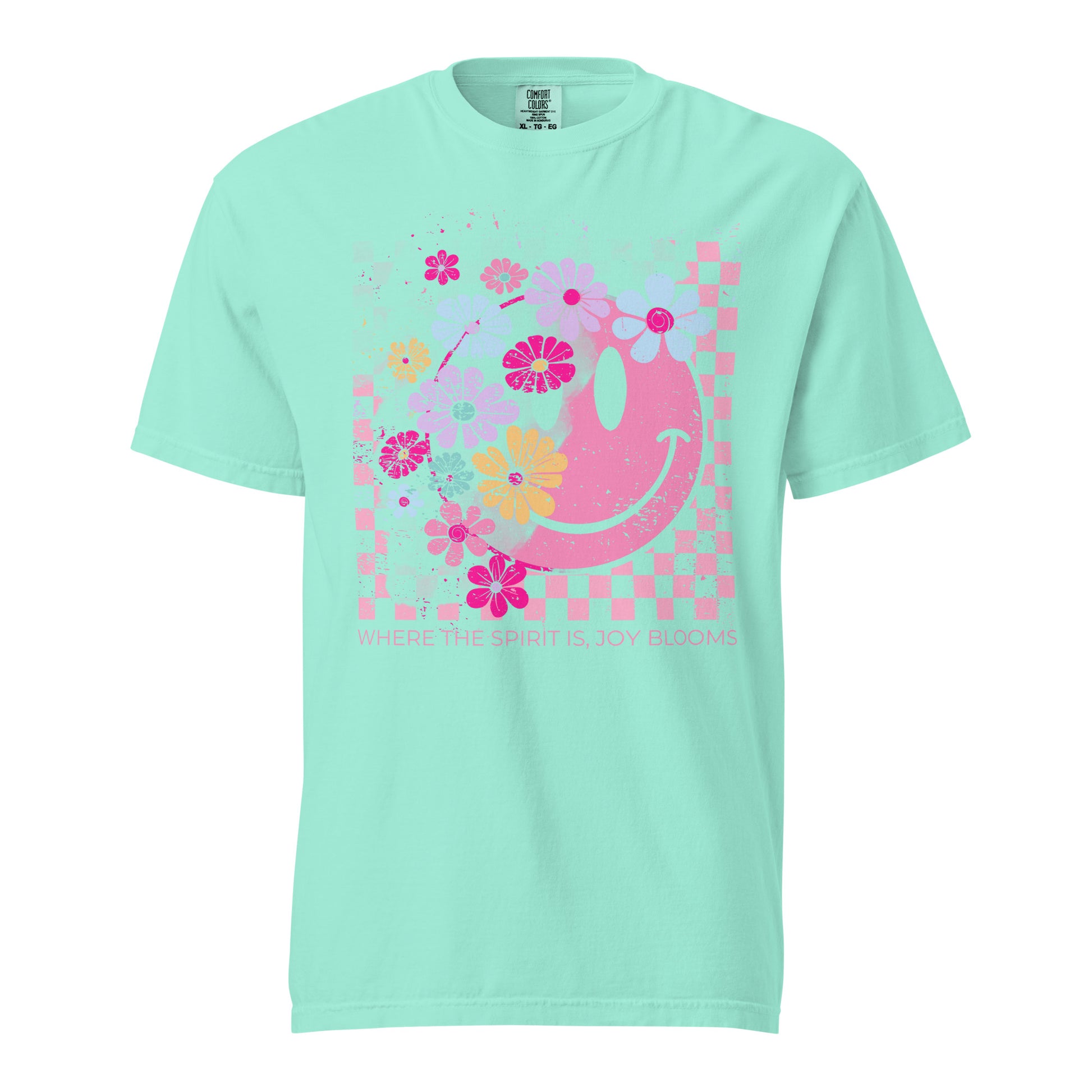 Retro Christian t-shirt with pink smiley face and flowers – Joy Blooms Faith Tee