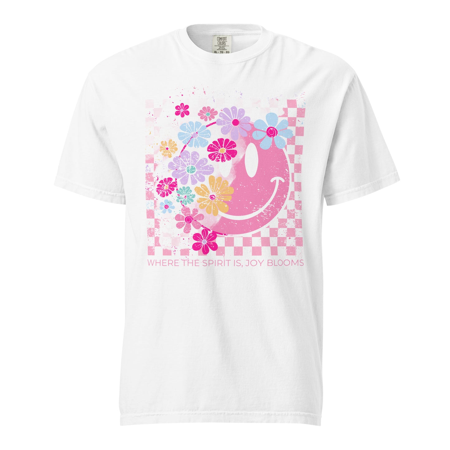 Retro Christian t-shirt with pink smiley face and flowers – Joy Blooms Faith Tee