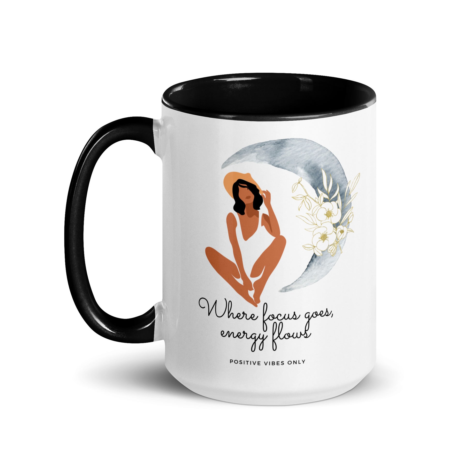 Black  inside ceramic mug with white "Positive Vibes" Text, 15 oz inspirational gift for women 