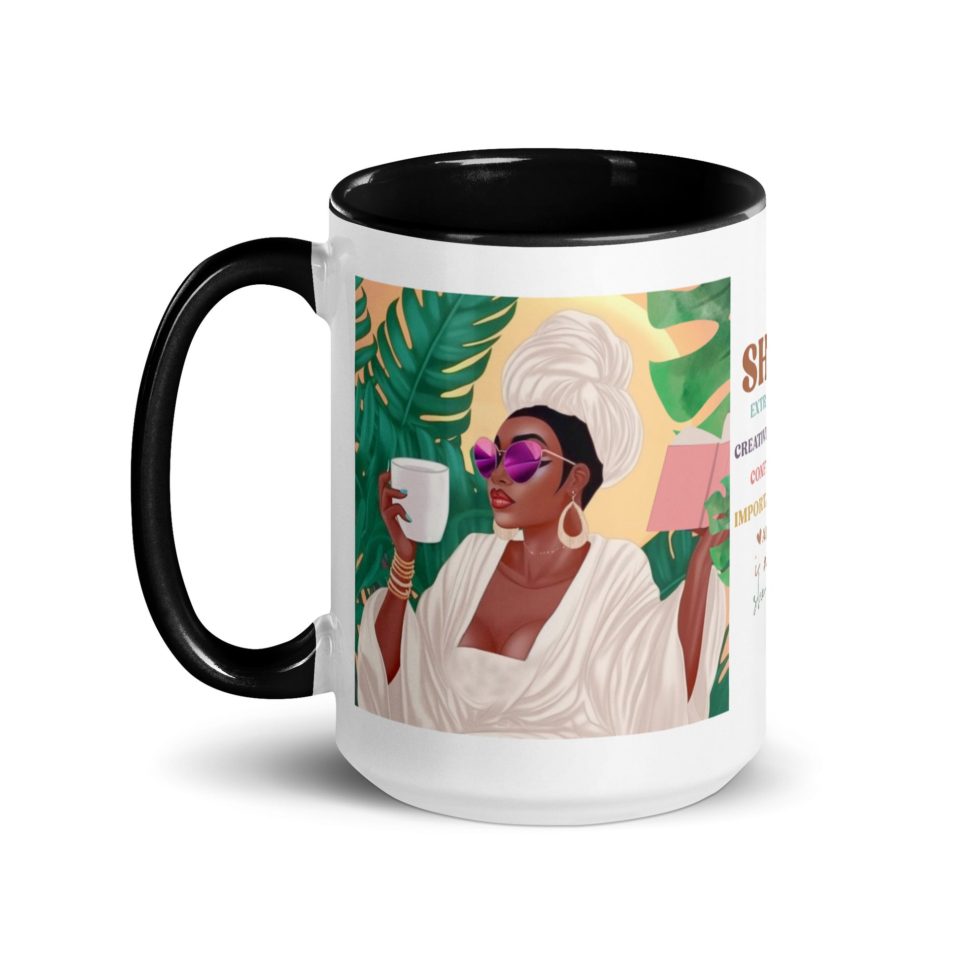white ceramic mug with "she is Inspiration" quote in bold colorful lettering 