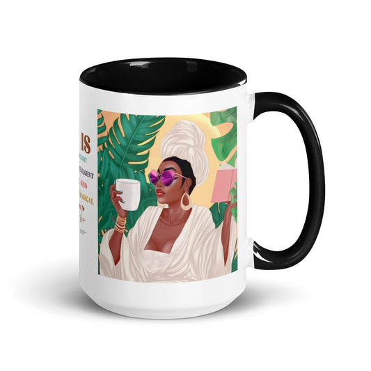 white ceramic mug with "she is Inspiration" quote in bold colorful lettering 